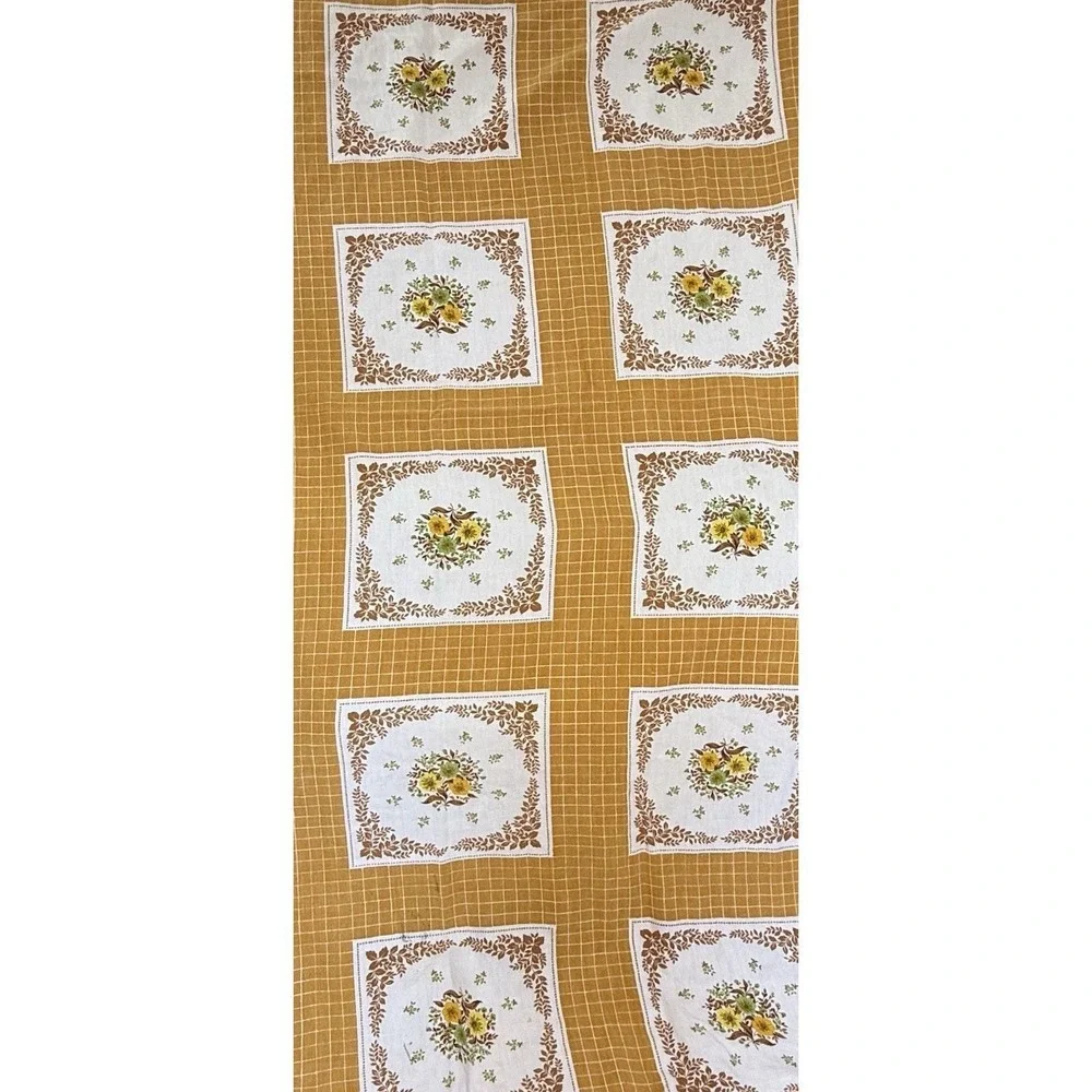 Rectangle MCM Vintage 1960s Linen Tablecloth Mustard & Avocado Floral  83x48